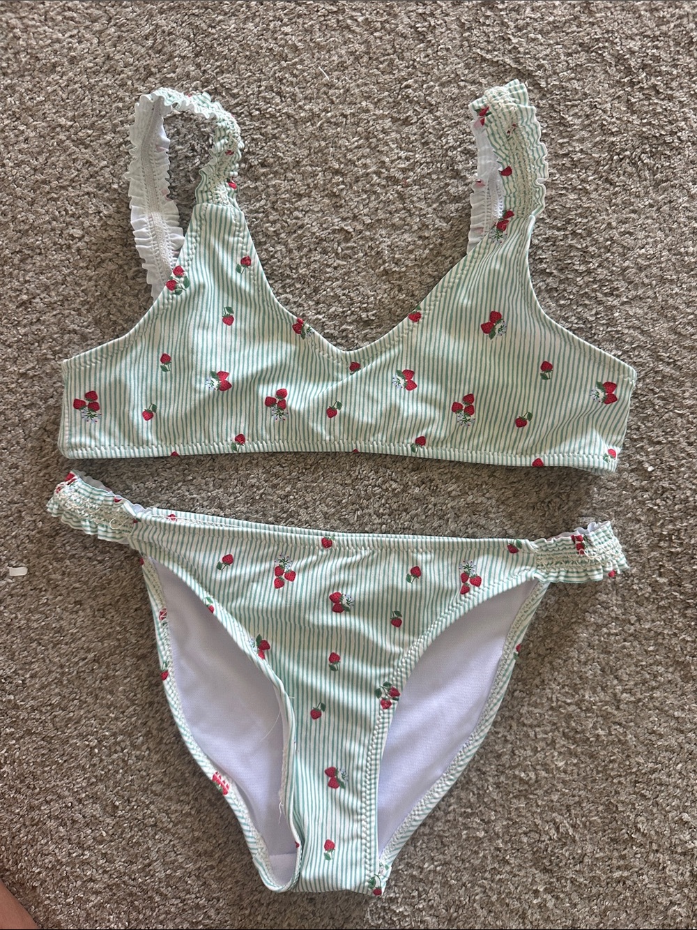 New Zara Green-White Striped Bikini with Red strawberry Print